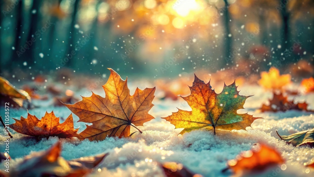 Autumn Leaves Resting on a Snowy Ground in a Forest Setting During a Gentle Snowfall Autumn Leaves Resting on a Snowy Ground in a Forest Setting During a Gentle Snowfall