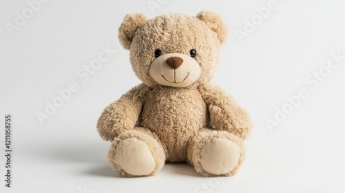 handcrafted vintage teddy bear with worn honey-colored fur, sitting posed with endearing expression, subtle shadows, studio lighting on pure white backdrop