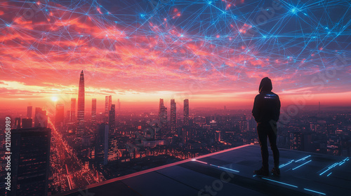 Hacker are planning to hack and attack networks and cyber security systems.Smart digital city with connection Innovation network reciprocity over the cityscape