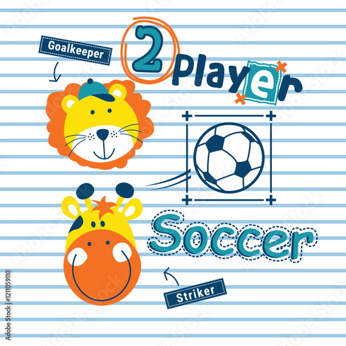 Cartoon lion goalkeeper and giraffe striker playing soccer with striped background illustration. Sports and animals concept
