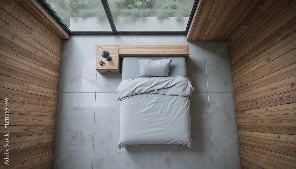 Top view of a minimalist bedroom with a single bed, wooden walls, and a skylight