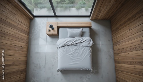 Top view of a minimalist bedroom with a single bed, wooden walls, and a skylight