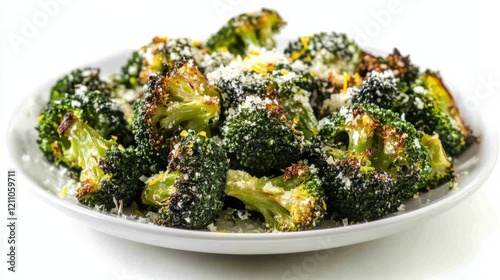A plate of colorful roasted broccoli florets with garlic, olive oil, lemon zest