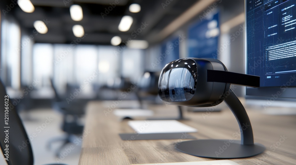 Stylish modern office workspace featuring futuristic virtual reality headset on a desk beside a computer monitor displaying coding and digital interface in a tech environment Stylish modern office workspace featuring futuristic virtual reality headset on a desk beside a computer monitor displaying coding and digital interface in a tech environment