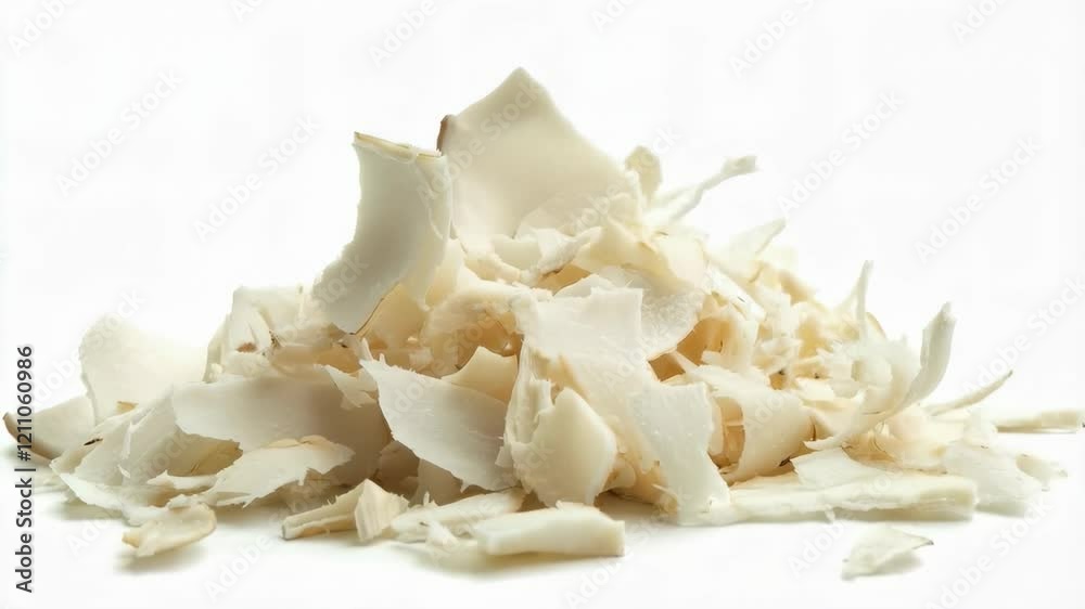 Coconut flakes falling and piling up in slow motion on white background Coconut flakes falling and piling up in slow motion on white background