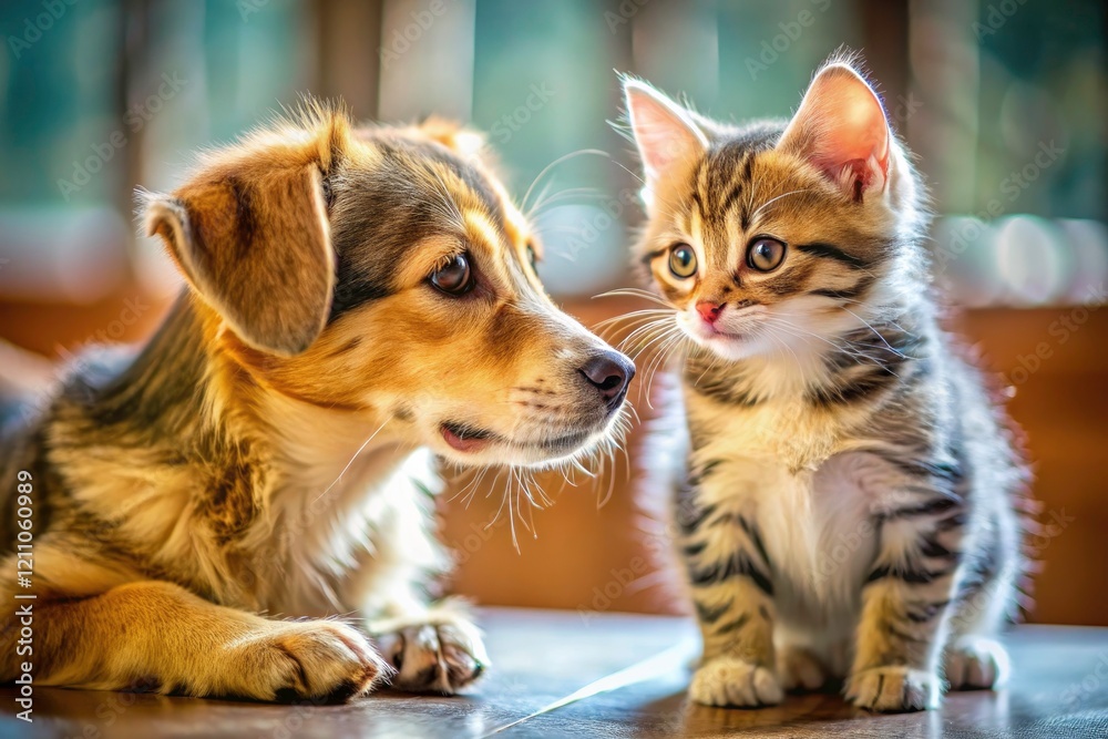 Obraz premium Playful Puppy Kitten Friendship: Close-Up Candid Photo - Adorable Pet Portraits