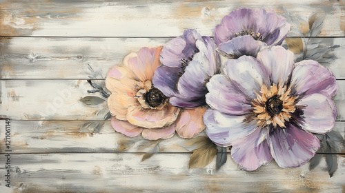 A charming mixed-media artwork featuring oversized wildflowers in shades of lavender and coral, overlapping against reclaimed wooden planks painted in faded ivory, light ink scribbles flowing harmonio photo