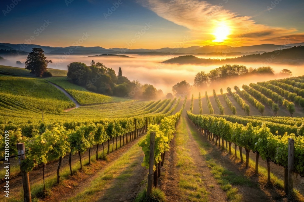 Fototapeta premium Serene vineyard landscape at sunrise, bathed in golden light, mist shrouding the valley, rows of vines stretching towards the sun, tranquil rural scene, peaceful atmosphere