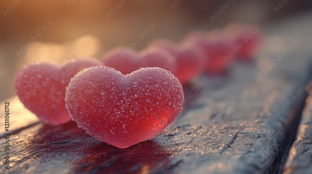 Fototapeta premium Sunset, sugared hearts, wooden surface, romantic
