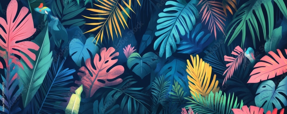 Vibrant Tropical Leaves and Flora in Abstract Jungle Landscape Vibrant Tropical Leaves and Flora in Abstract Jungle Landscape