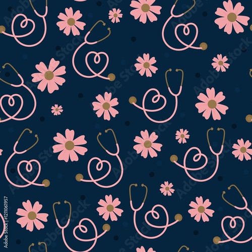 Nursery seamless floral pattern with stethoscopes