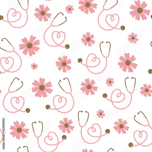 Nursery seamless floral pattern with stethoscopes