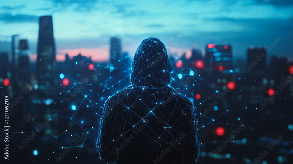 Hacker are planning to hack and attack networks and cyber security systems.Smart digital city with connection Innovation network reciprocity over the cityscape Hacker are planning to hack and attack networks and cyber security systems.Smart digital city with connection Innovation network reciprocity over the cityscape