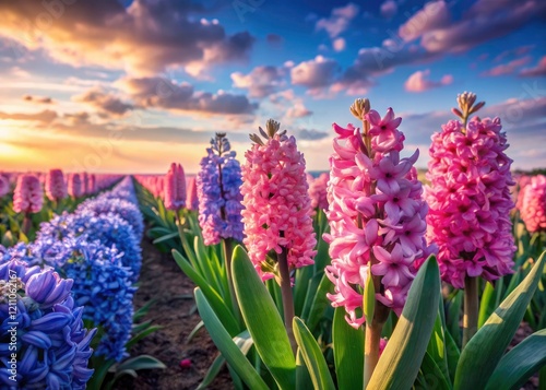 Vibrant hyacinth field: a pastel dream of pink and blue flowers.