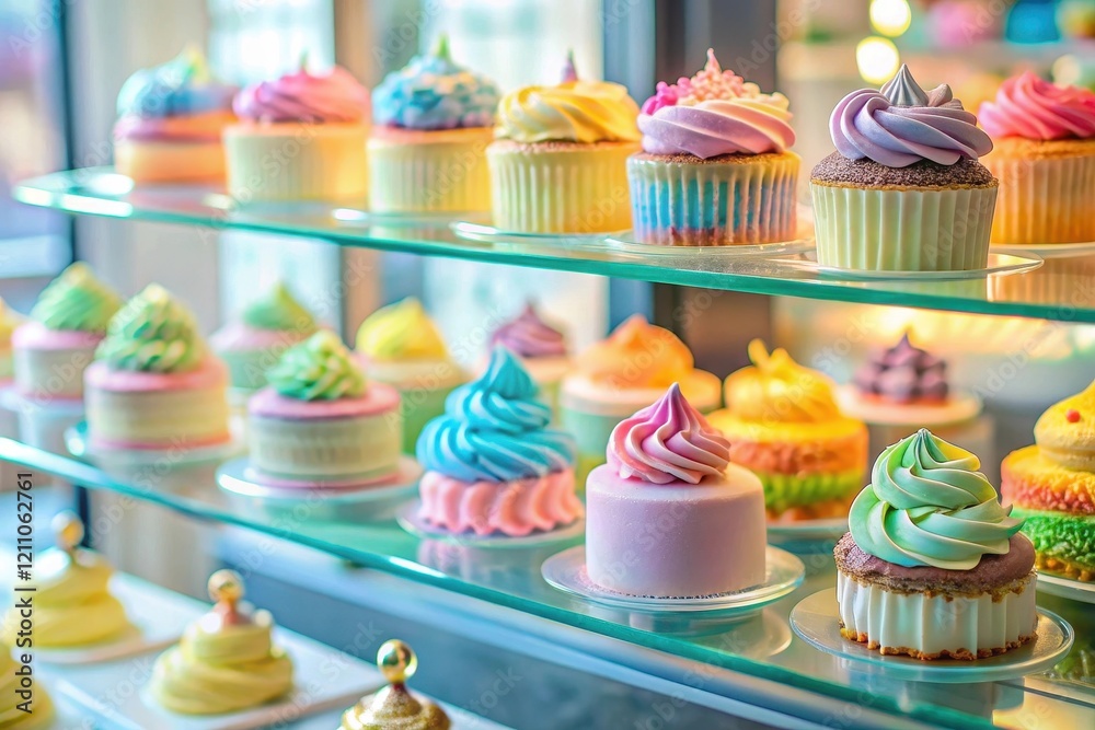 Pastel-colored cupcakes and mini cakes displayed on glass shelves in a delightful confectionery showcase Pastel-colored cupcakes and mini cakes displayed on glass shelves in a delightful confectionery showcase