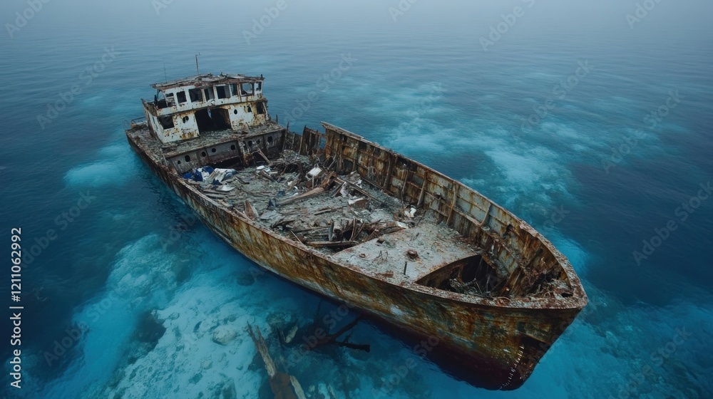 An abandoned shipwreck rests in tranquil blue waters, surrounded by a foggy atmosphere. An abandoned shipwreck rests in tranquil blue waters, surrounded by a foggy atmosphere.