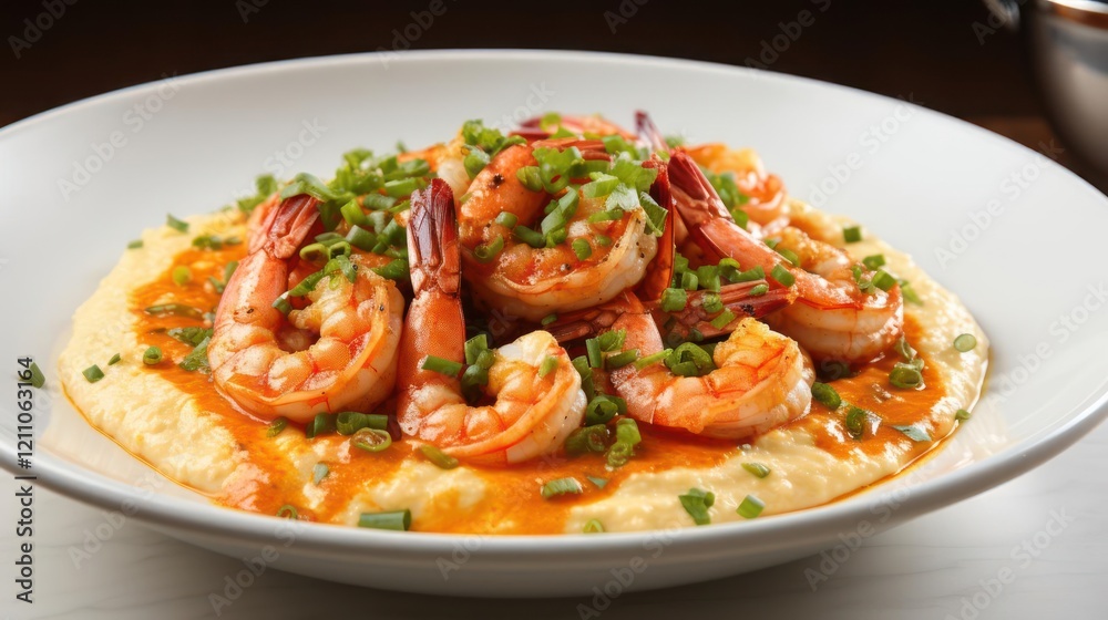 A plate of shrimp and grits is presented on a white surface. The dish consists of succulent shrimp, creamy grits, and fresh herbs, all arranged in an attractive composition. A plate of shrimp and grits is presented on a white surface. The dish consists of succulent shrimp, creamy grits, and fresh herbs, all arranged in an attractive composition.