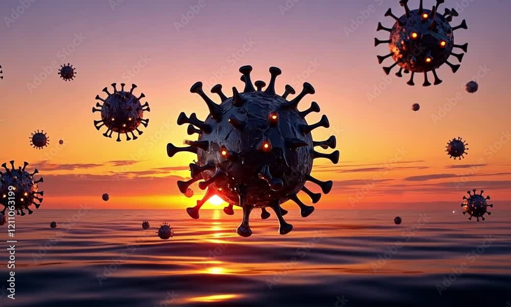 AI - Futuristic 3D Illustration of Virus Cells Under Microscope, showing glowing particles and biological structures.