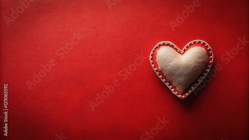A tender handmade felt heart rests gently on a rich crimson background, symbolizing affection and warmth