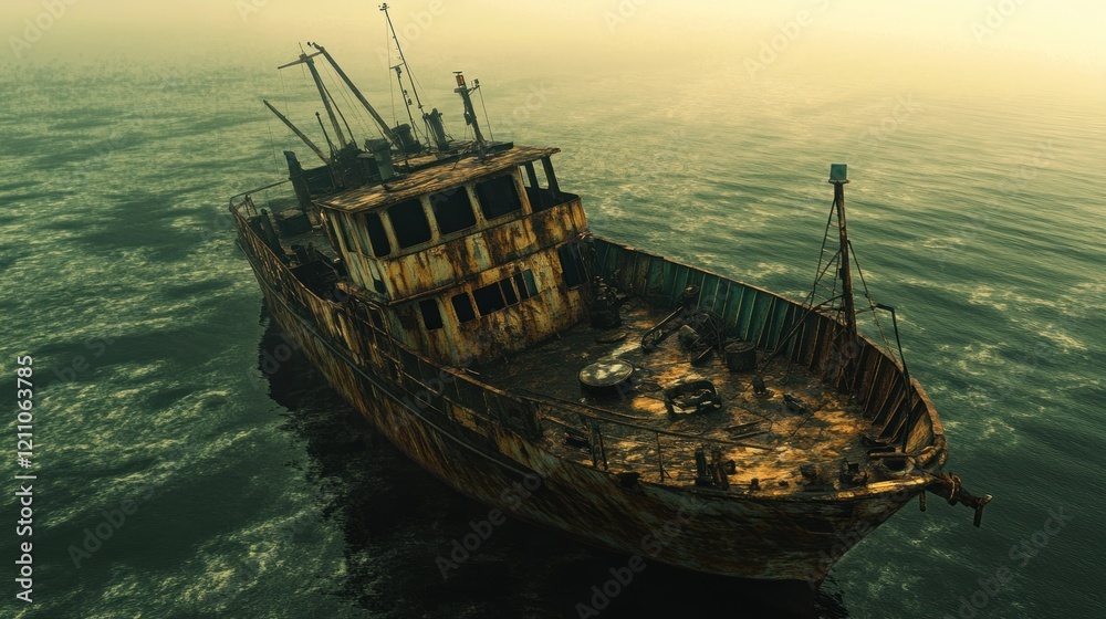An abandoned, rusting ship adrift in a misty sea, showcasing decay and solitude. An abandoned, rusting ship adrift in a misty sea, showcasing decay and solitude.