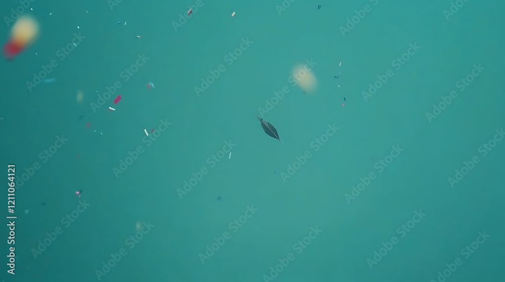 Fototapeta premium A Single Feather Falls Through Teal Water With Confetti