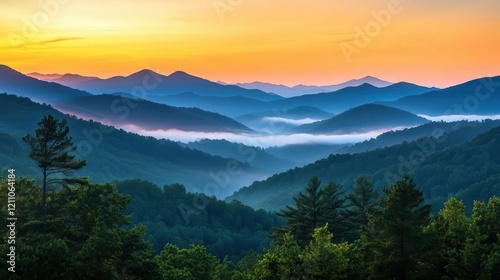 majestic mountain range at golden hour, dramatic peaks silhouetted against vibrant orange sky, lush pine forests in foreground, ethereal mist rising from valleys, cinematic panoramic view