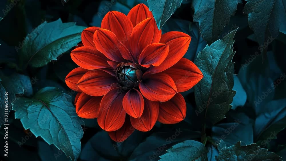 Vibrant red flower blooming amidst dark green foliage in a serene garden setting with contrasting colors