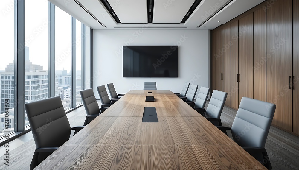 Modern spacious boardroom with large windows overlooking city skyline, featuring a long wooden table and comfortable grey chairs, perfect for business meetings and corporate events.