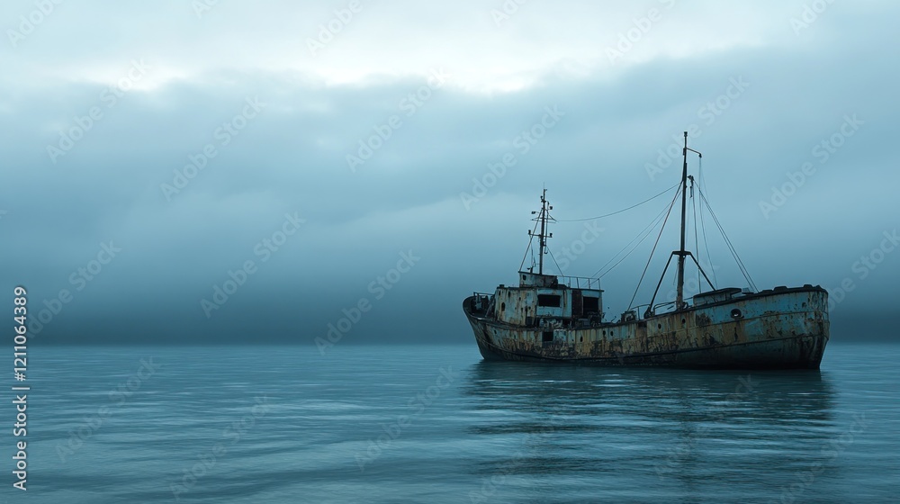 An abandoned, rusting ship floats serenely in a misty, calm sea under a cloudy sky. An abandoned, rusting ship floats serenely in a misty, calm sea under a cloudy sky.