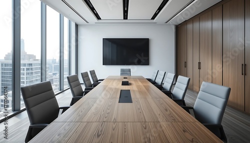 Obraz na płótnie Modern spacious boardroom with large windows overlooking city skyline, featuring a long wooden table and comfortable grey chairs, perfect for business meetings and corporate events. w salonie