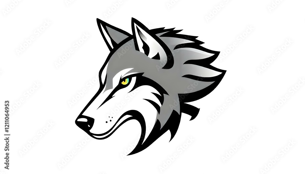 Fototapeta premium A simple illustration of a wolf's head, designed as a badge or emblem logo. The bold lines and distinctive features create a strong, clean icon, isolated on a white background for a sleek, modern look