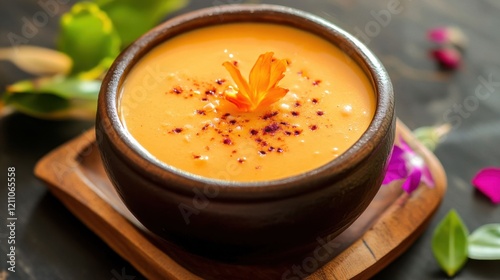 Creamy Mango Sago Pudding with Floral Garnish and Rich Texture photo