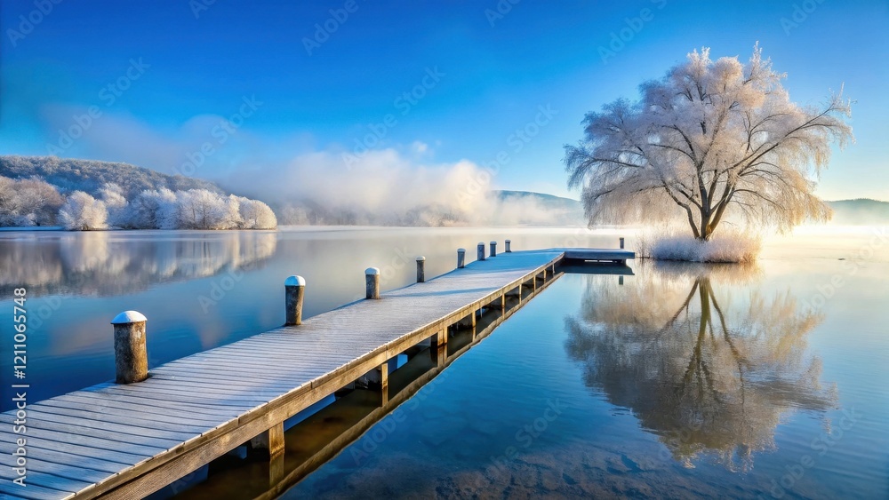 Serene winter landscape featuring a snow-covered wooden dock extending into a tranquil lake, reflecting a frost-covered tree and misty shoreline Serene winter landscape featuring a snow-covered wooden dock extending into a tranquil lake, reflecting a frost-covered tree and misty shoreline