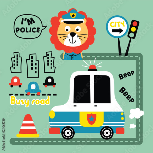 Cartoon lion police officer with patrol car on a busy road featuring traffic signs, cityscape, and playful design elements. Urban transportation concept
