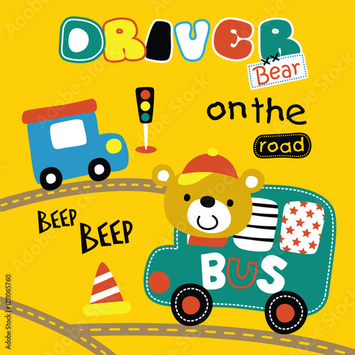 Cartoon bear driving a colorful bus on a playful road with traffic elements on a yellow background. Transportation and fun design concept
