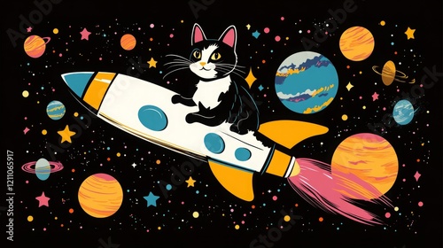 A tuxedo cat blasts off into space on a retro rocket! photo