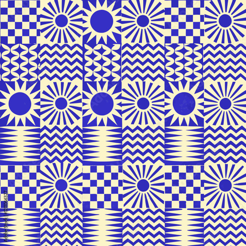 geometric pattern, blue and cream color scheme
