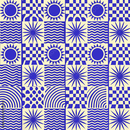 geometric pattern, blue and cream color scheme