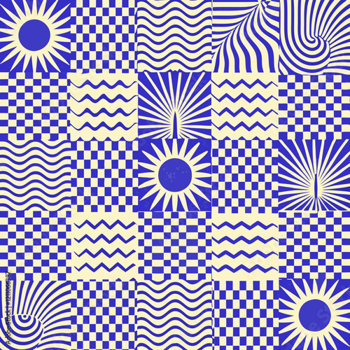 geometric pattern, blue and cream color scheme