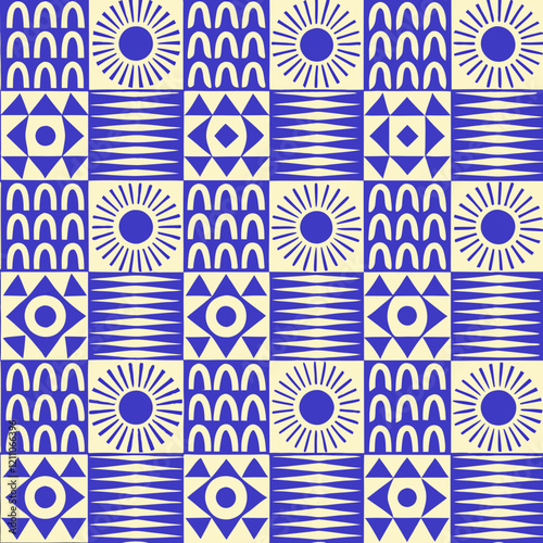 geometric pattern, blue and cream color scheme