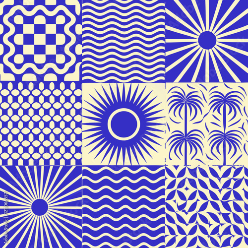 geometric pattern, blue and cream color scheme