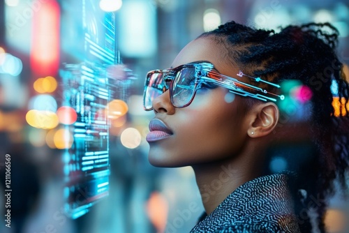 Wallpaper Mural Woman in stylish glasses interacting with digital hologram display in a busy urban setting at night Torontodigital.ca