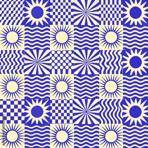 geometric pattern, blue and cream color scheme