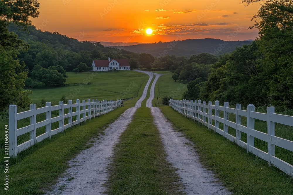 Obraz premium Morning sunrise over an equestrian white fence and grazing horses
