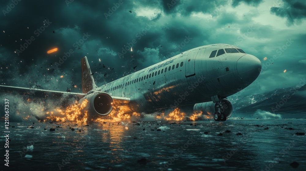 An airplane crash scene with flames and dark stormy skies. An airplane crash scene with flames and dark stormy skies.
