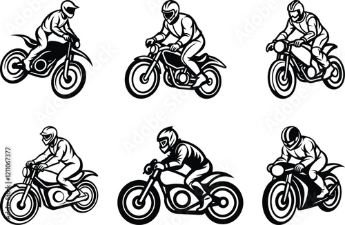 Biker in motion set line art vector illustration design, Biker in motion silhouette vector art, Biker in motion vector design