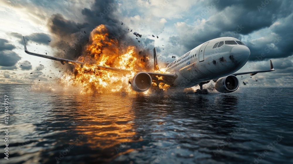 An airplane crashes into the water, creating a dramatic explosion against a cloudy sky. An airplane crashes into the water, creating a dramatic explosion against a cloudy sky.