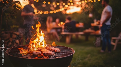 Friends gather in backyard, grilling marinated meats over open flame, enjoying warm evening, chatting and laughing, twinkling lights creating festive atmosphere, celebrating Easter joyfully.