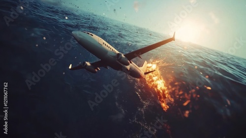 An airplane crashes into the ocean, with flames trailing from one engine against a sunset. photo