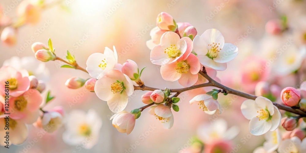 Delicate Spring Blossoms on a Sunlit Branch, Soft Pastel Hues and Gentle Light Delicate Spring Blossoms on a Sunlit Branch, Soft Pastel Hues and Gentle Light